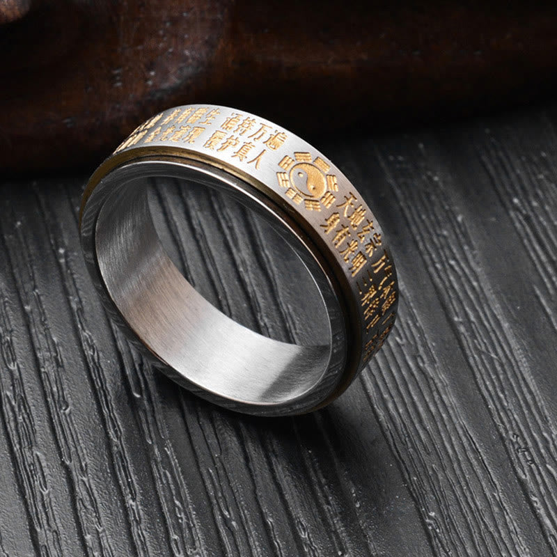 Bagua Yin Yang Titanium Steel Rotatable Ring - silver-black and silver-gold dual ring variants with Taoist engraving on re...
