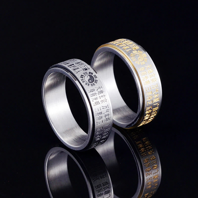 Bagua Yin Yang Titanium Steel Rotatable Ring - two rings showing gold engraved Taoist scripture and Bagua symbols, top and...