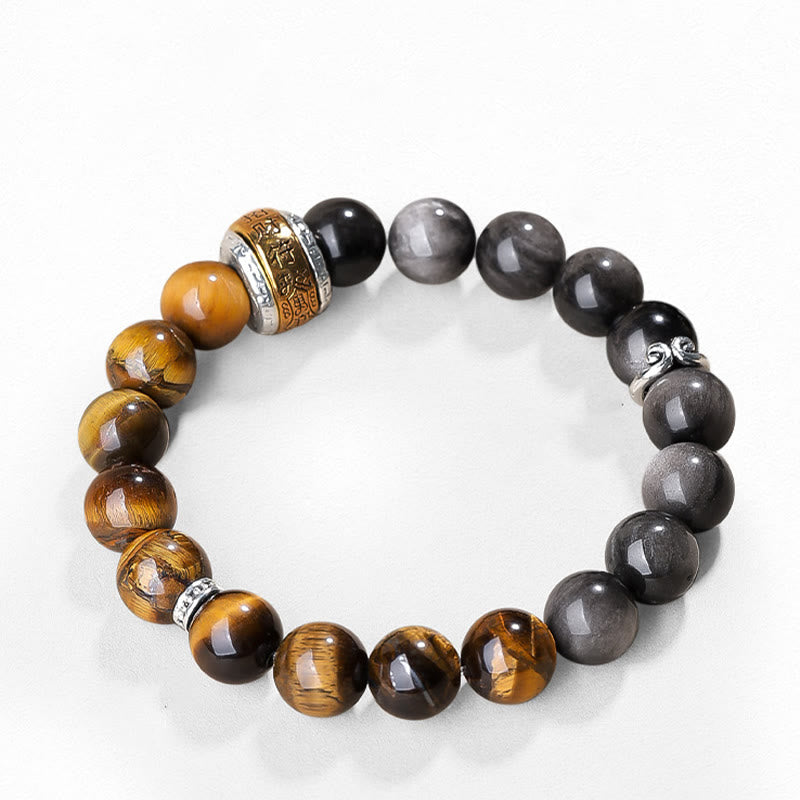 Om Mani Padme Hum Bracelet – White background, full bead layout with engraved metal focal bead