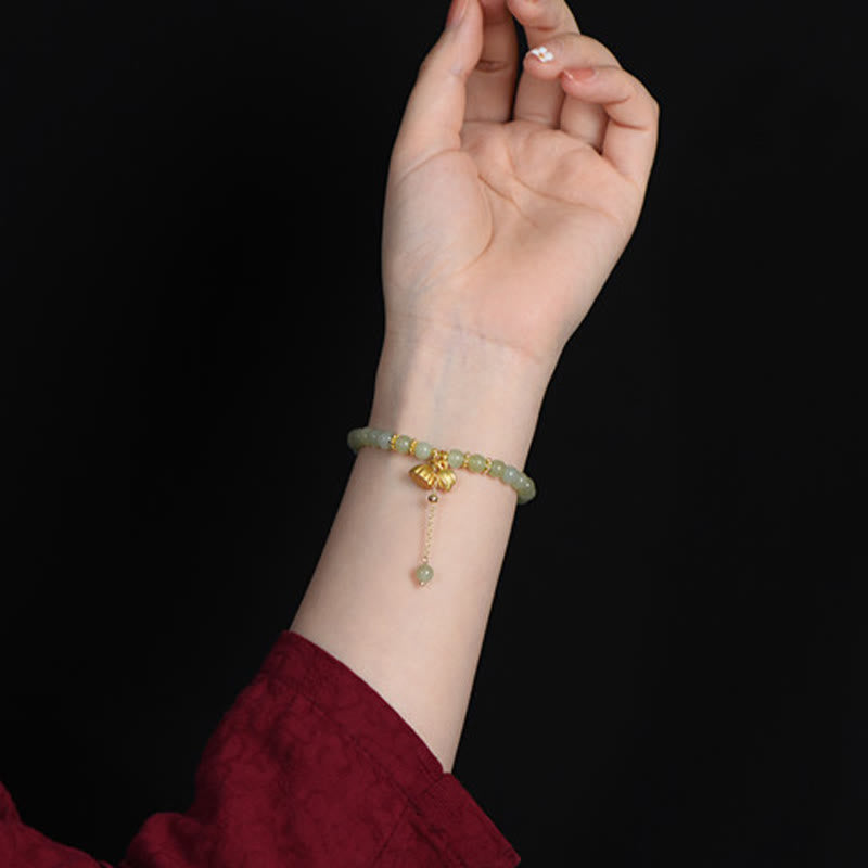 Hetian Jade Lotus Luck Bracelet - jade beads with lucky pouch charm worn on wrist, fortunate