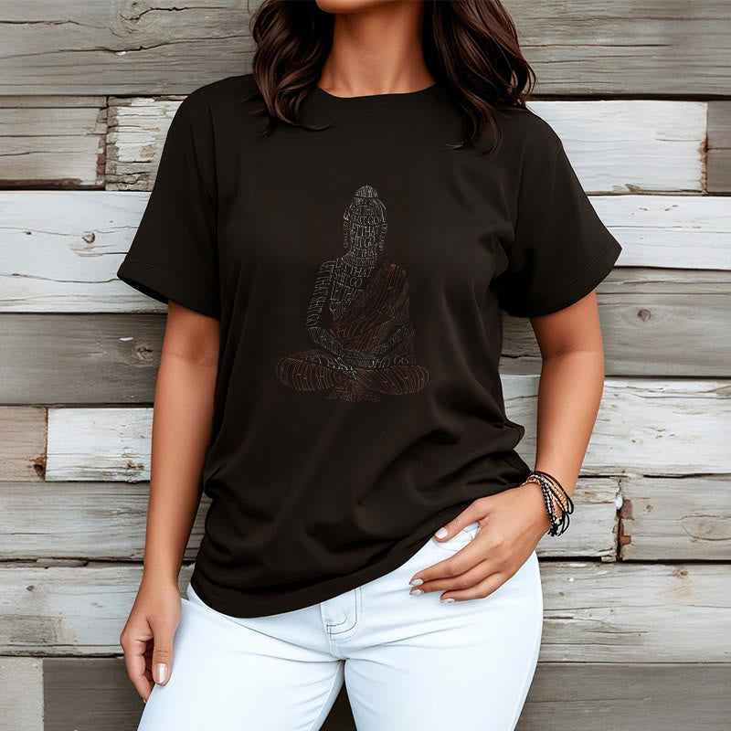 Meditating Buddha Let Go Cotton T-Shirt – male and female models together, unisex mindfulness couple outfit