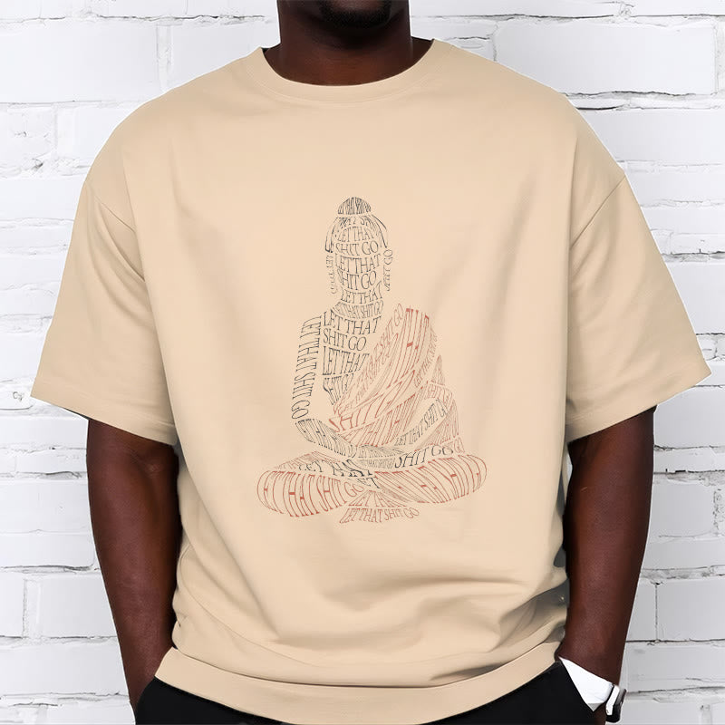 Meditating Buddha Let Go Cotton T-Shirt – model sitting in meditation pose wearing tee, authentic practice scene