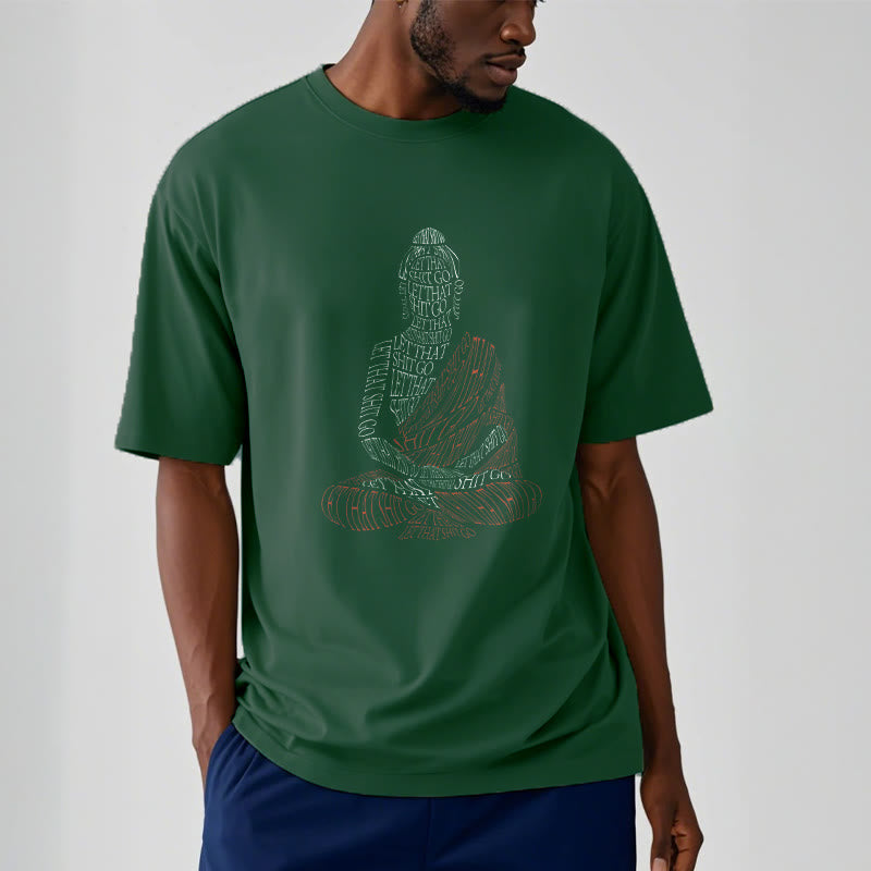 Meditating Buddha Let Go Cotton T-Shirt – white color variant on model, clean bright minimalist Buddha top