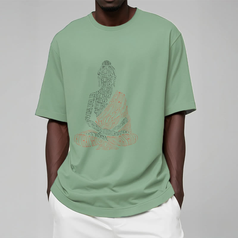 Meditating Buddha Let Go Cotton T-Shirt – neckline close-up showing reinforced collar and tagless comfort