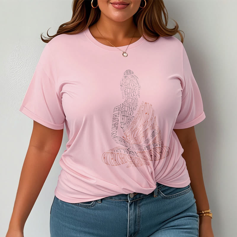 Meditating Buddha Let Go Cotton T-Shirt – size chart infographic showing chest length sleeve measurements