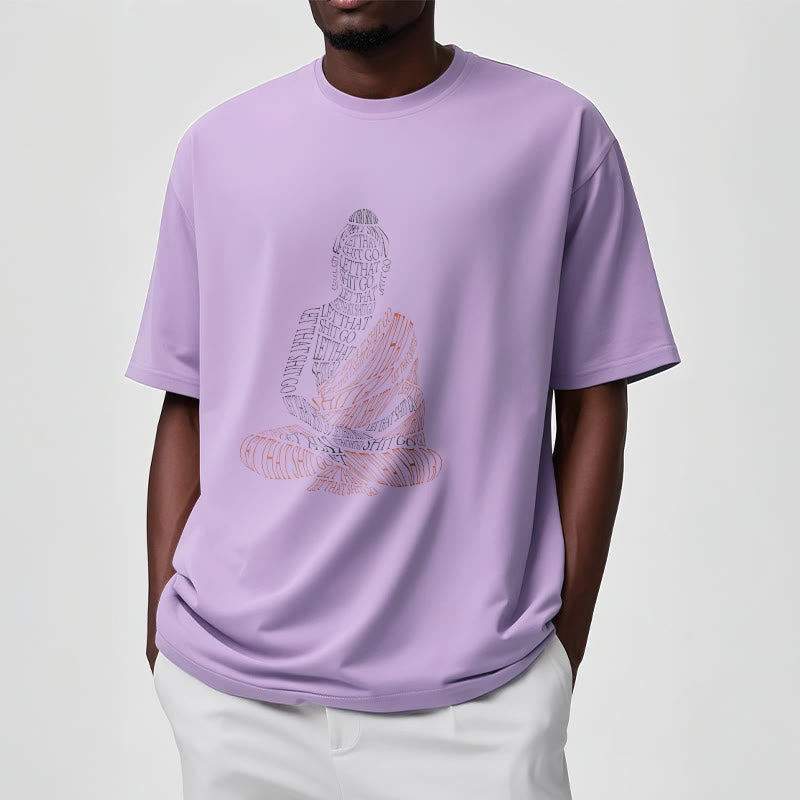 Meditating Buddha Let Go Cotton T-Shirt – three color variants folded stack, black white gray collection set