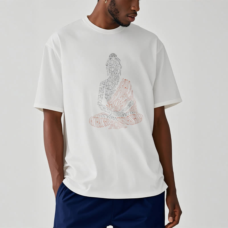 Meditating Buddha Let Go Cotton T-Shirt – back view on model showing clean plain back, relaxed fit cotton top