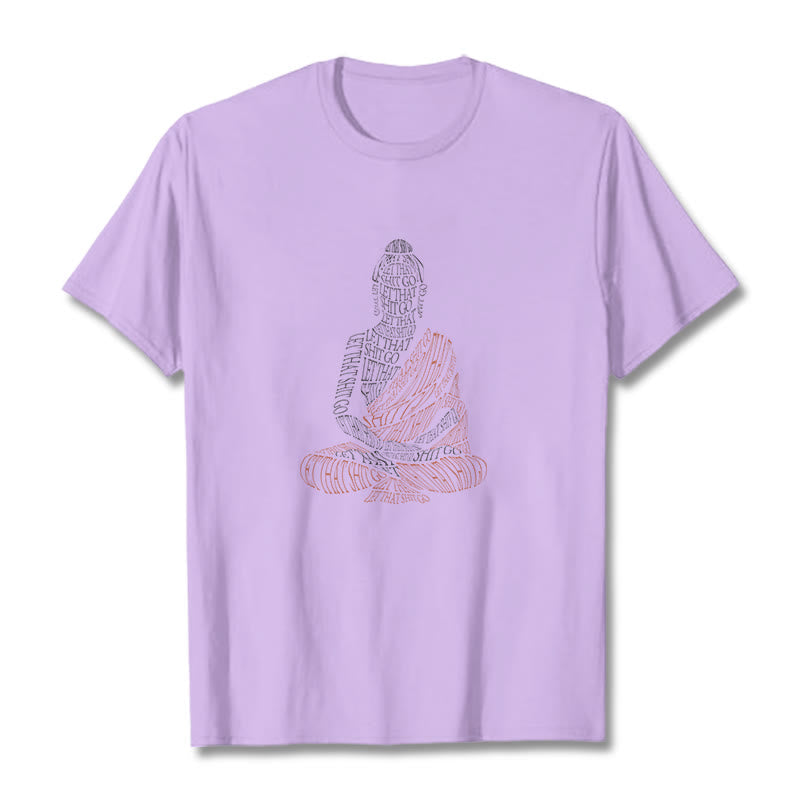 Meditating Buddha Let Go Cotton T-Shirt – hanging on wooden hanger against white wall, boutique display style
