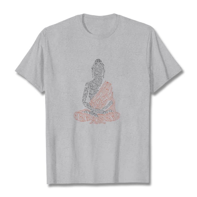 Meditating Buddha Let Go Cotton T-Shirt – packaging with eco-friendly tag, sustainable cotton brand story