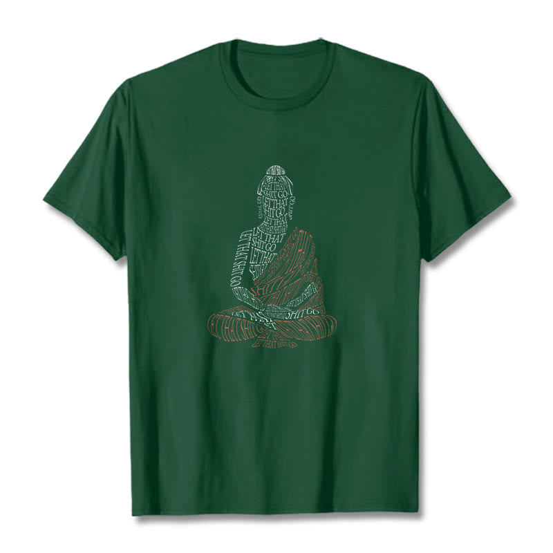 Meditating Buddha Let Go Cotton T-Shirt – black color variant on model, dark moody spiritual graphic shirt