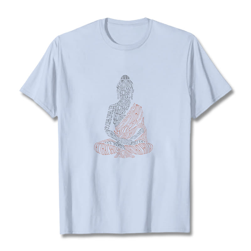 Meditating Buddha Let Go Cotton T-Shirt – model walking outdoors in nature, mindful living active lifestyle