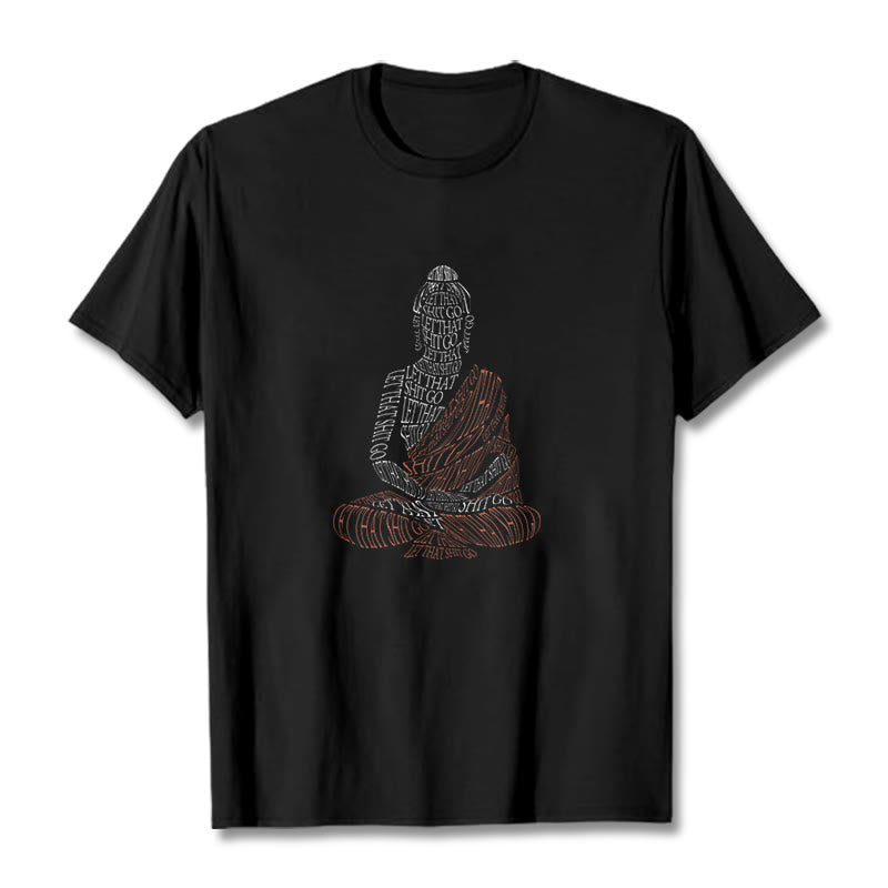 Meditating Buddha Let Go Cotton T-Shirt – close-up of Buddha line art print, meditative figure lotus position detail