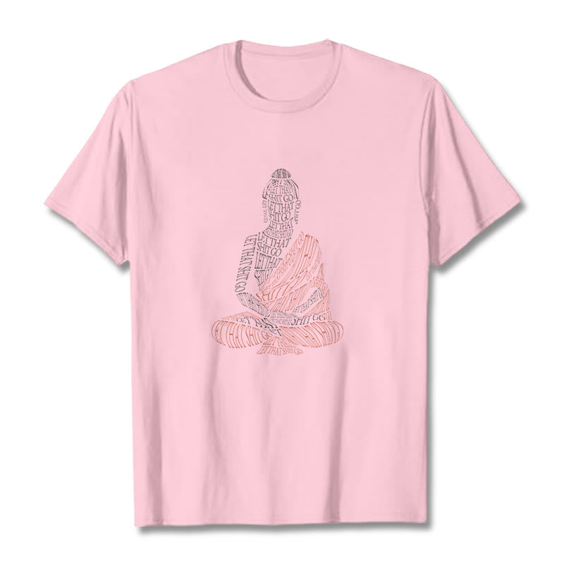Meditating Buddha Let Go Cotton T-Shirt – gray heather variant on model, neutral tone everyday zen wear