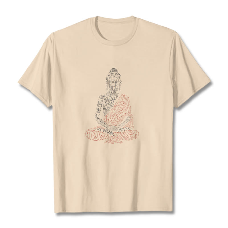 Meditating Buddha Let Go Cotton T-Shirt – model in yoga studio setting, zen wellness lifestyle photography