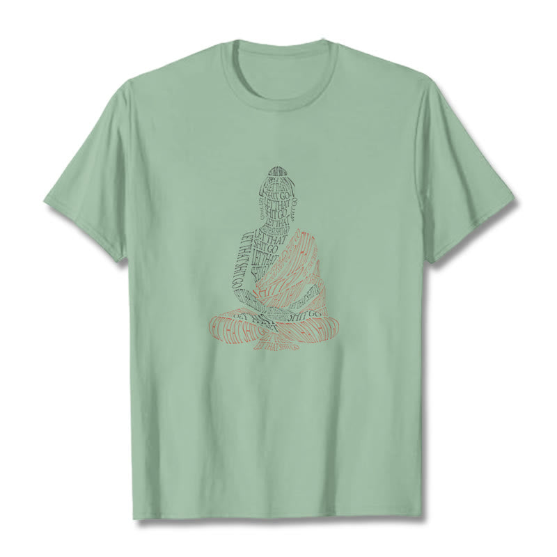 Meditating Buddha Let Go Cotton T-Shirt – rolled sleeve detail showing cotton thickness and stitch quality