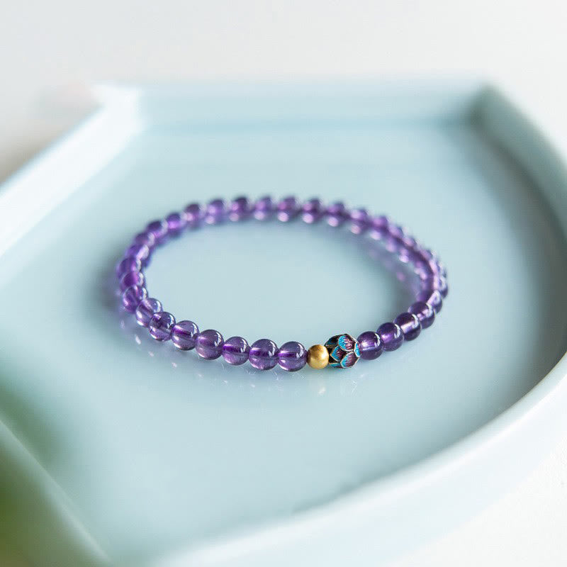 Natural Amethyst Lotus Spiritual Awareness Bracelet - amethyst beads with enamel lotus on celadon dish, calm