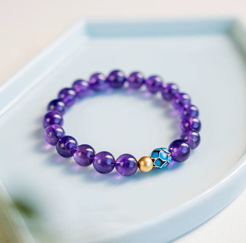 Natural Amethyst Lotus Spiritual Awareness Bracelet - amethyst with gold accent on ceramic tray, spiritual