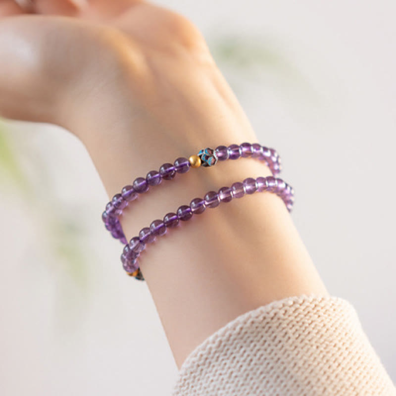 Natural Amethyst Lotus Spiritual Awareness Bracelet - double-wrap amethyst on wrist with cream knit, tranquil