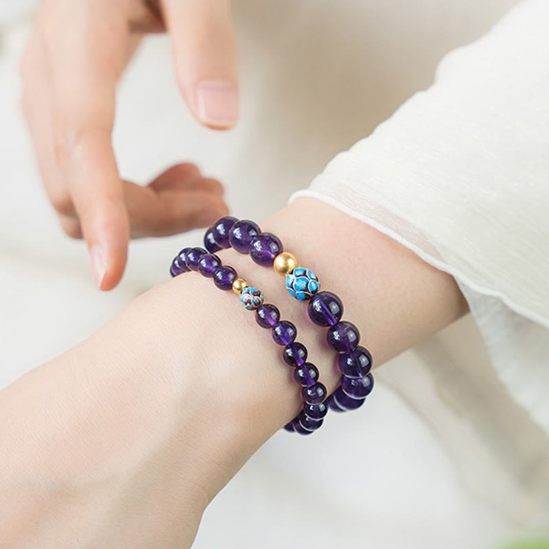 Natural Amethyst Lotus Spiritual Awareness Bracelet - stacked amethyst pair on wrist, intimate calming