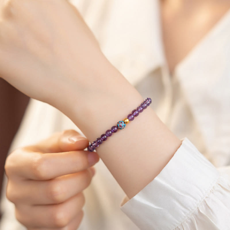Natural Amethyst Lotus Spiritual Awareness Bracelet - amethyst on wrist with cloisonne lotus detail, mindful