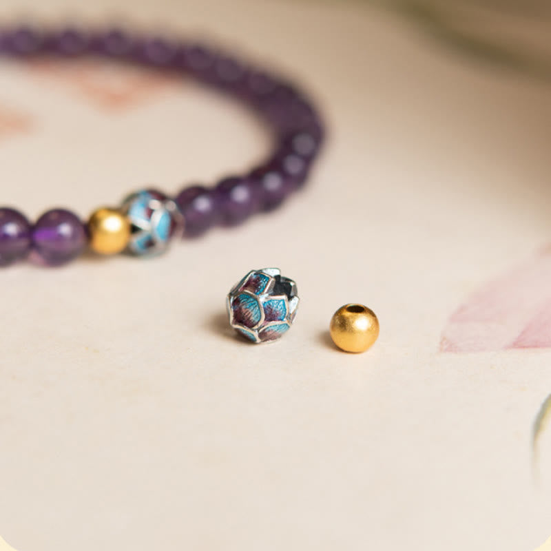 Natural Amethyst Lotus Spiritual Awareness Bracelet - enamel lotus and gold accent beads close-up, artful