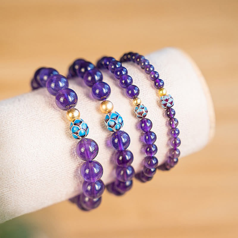 Natural Amethyst Lotus Spiritual Awareness Bracelet - four-strand amethyst stack on display stand, graceful