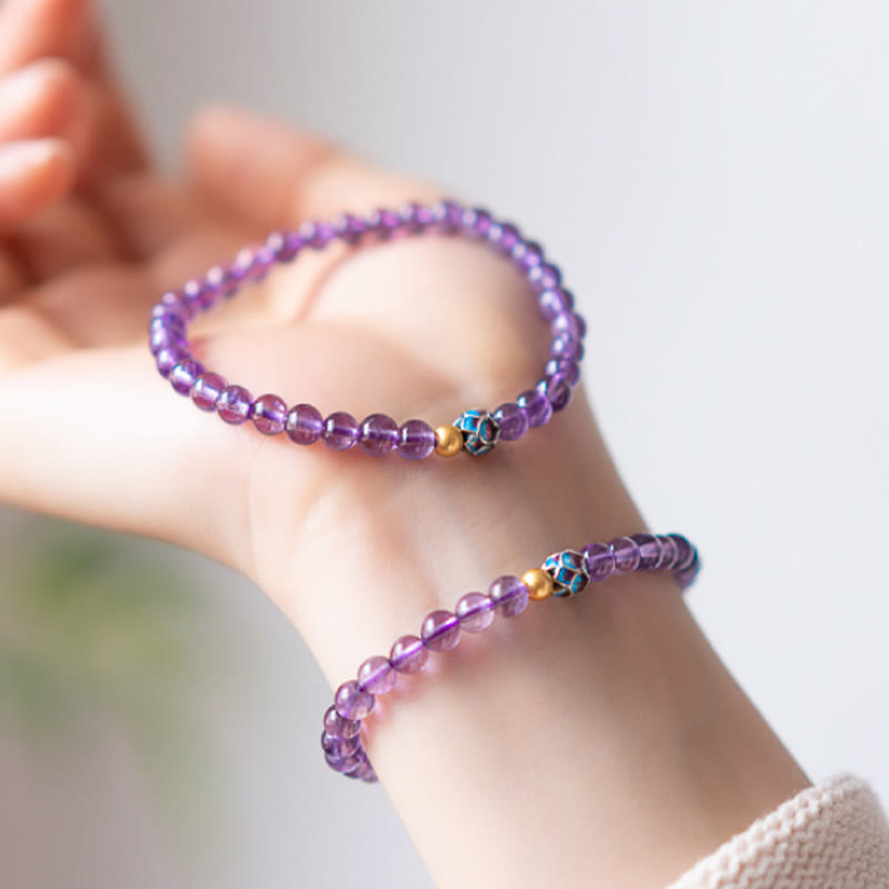 Natural Amethyst Lotus Spiritual Awareness Bracelet - double amethyst stack on wrist with enamel accent, serene