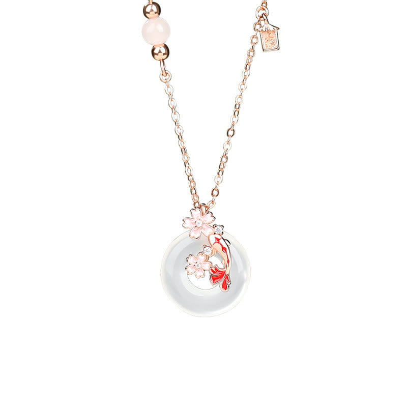 Chalcedony Koi Fish Peace Buckle Necklace – red koi pendant with pink cherry blossoms on white, house charm, rose gold chain
