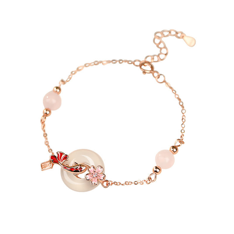 Chalcedony Koi Fish Peace Buckle Bracelet – full bracelet loop on white, red koi through jade disc, teardrop extender charm