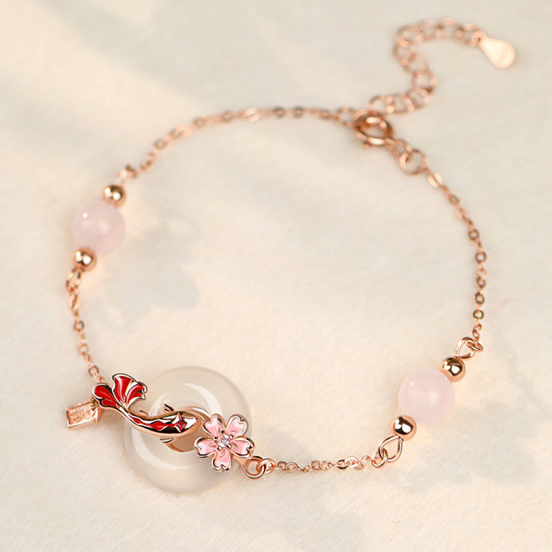 Chalcedony Koi Fish Peace Buckle Bracelet – full rose gold chain with jade disc, red enamel koi and cherry blossom on cream