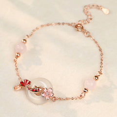 Chalcedony Koi Fish Peace Buckle Bracelet – full rose gold chain with jade disc, red enamel koi and cherry blossom on cream