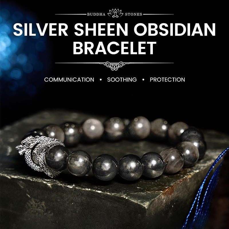 Silver Sheen Obsidian Dragon Protection Bracelet | Strength & Power – silver dragon head on black beads, bold statement
