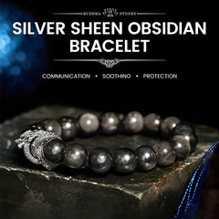 Silver Sheen Obsidian Dragon Protection Bracelet | Strength & Power – silver dragon head on black beads, bold statement