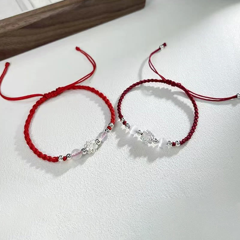Sterling Silver Lotus Cat's Eye String Bracelet - red and burgundy cord pair with silver lotus, charm