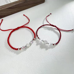 Sterling Silver Lotus Cat's Eye String Bracelet - red and burgundy cord pair with silver lotus, charm