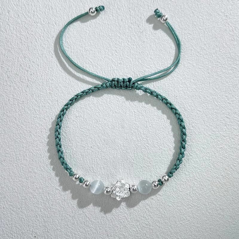 Sterling Silver Lotus Cat's Eye String Bracelet - teal cord with silver lotus and cat's eye, tranquil