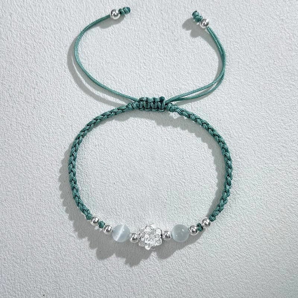 Sterling Silver Lotus Cat's Eye String Bracelet - teal cord with silver lotus and cat's eye, tranquil