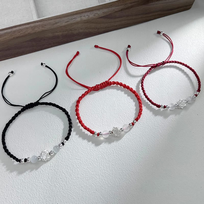Sterling Silver Lotus Cat's Eye String Bracelet - black red and burgundy cord options, minimalist