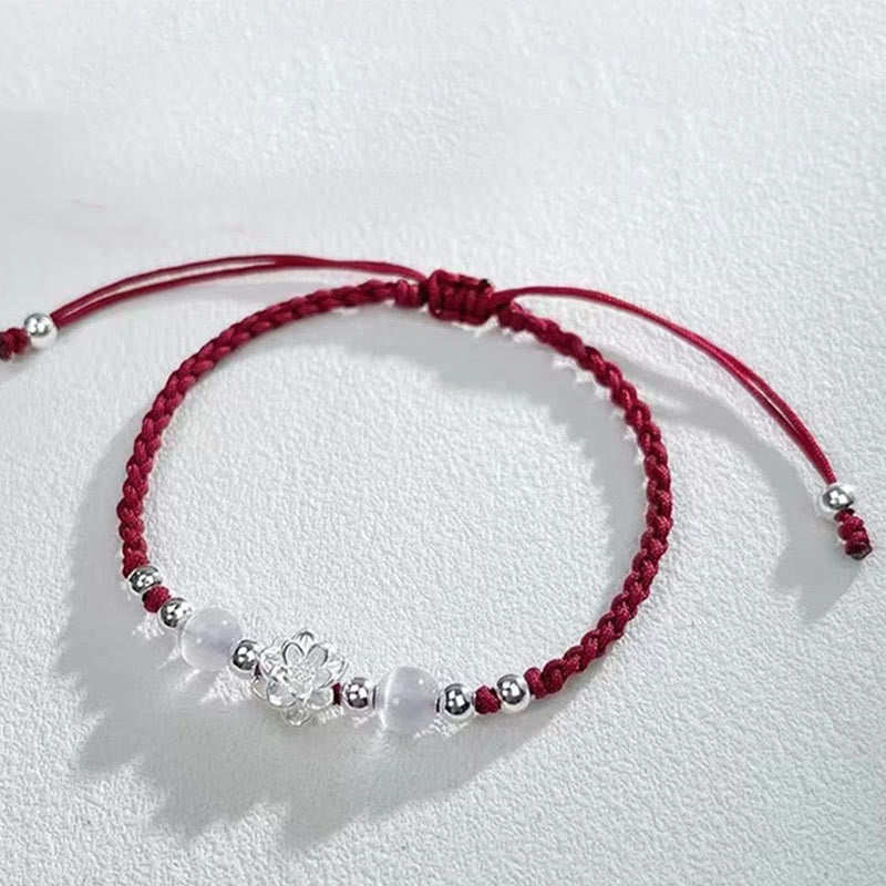 Sterling Silver Lotus Cat's Eye String Bracelet - burgundy cord with lotus charm detail, pure