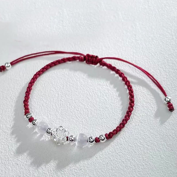 Sterling Silver Lotus Cat's Eye String Bracelet - burgundy cord with lotus charm detail, pure