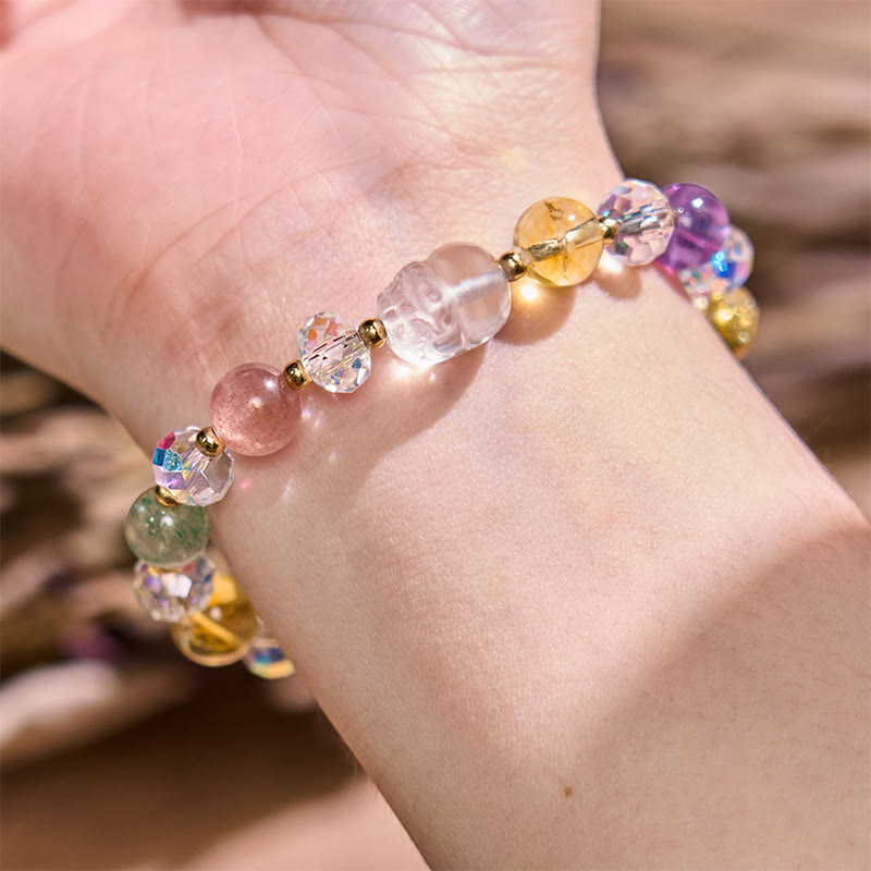 PiXiu White Crystal Bracelet – Close-up wrist view with strawberry quartz and crystal beads, wellness gift