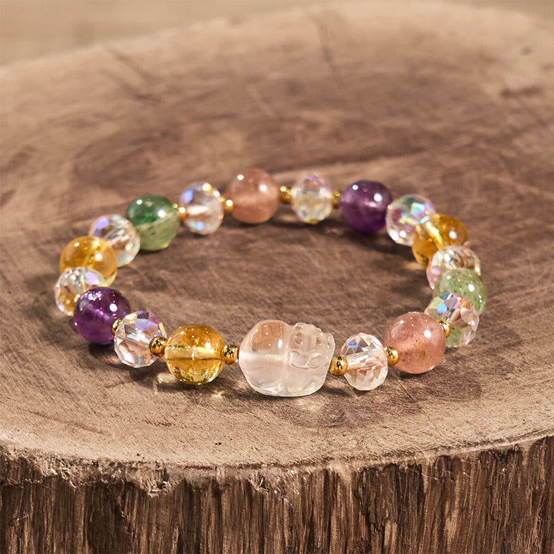 PiXiu White Crystal Bracelet – Full circle layout on tree stump with amethyst and citrine, energy jewelry