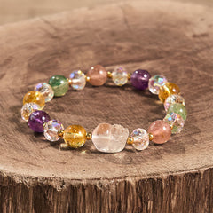 PiXiu White Crystal Bracelet – Full circle layout on tree stump with amethyst and citrine, energy jewelry