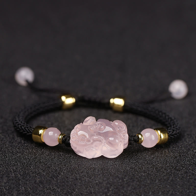 Pink Crystal PiXiu Bracelet – Black braided cord with pink crystal PiXiu and gold beads