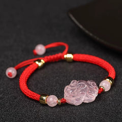 Pink Crystal PiXiu Bracelet – Red braided cord with pink crystal PiXiu charm and gold beads on black
