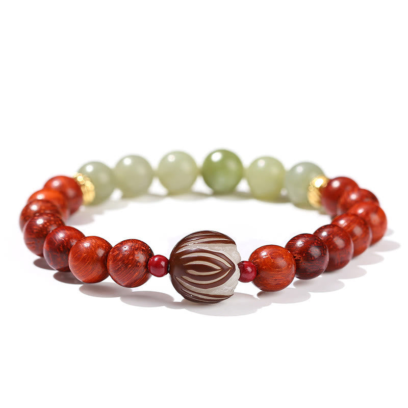 Rosewood Cyan Jade Bodhi Lotus Bracelet - full view on white background, Mindfulness