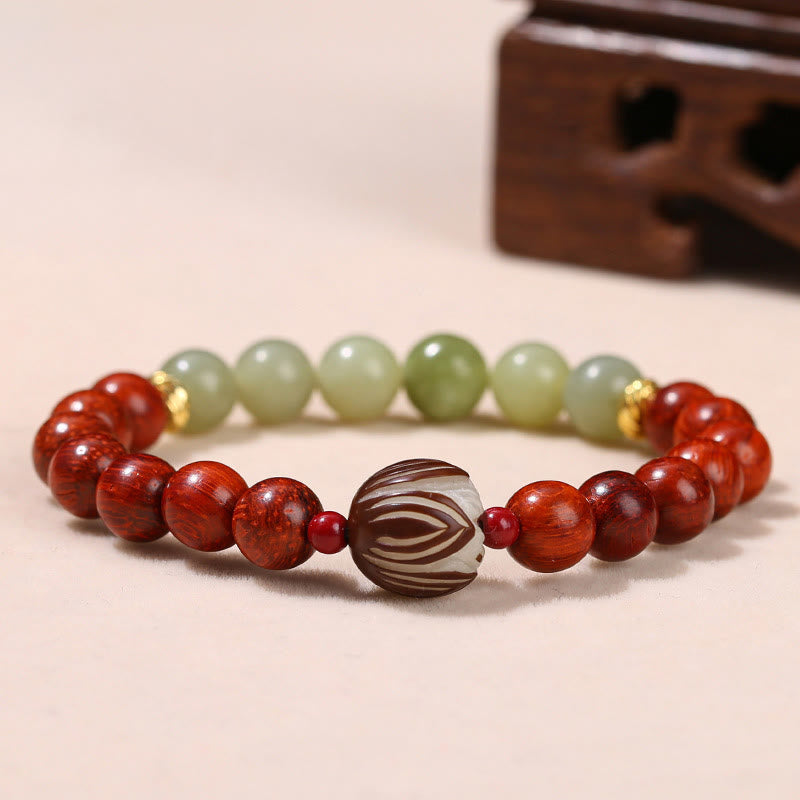Rosewood Cyan Jade Bodhi Lotus Bracelet - rosewood and jade beads with carved lotus center, Mindfulness