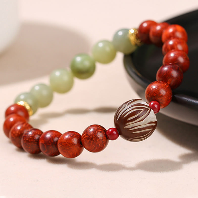 Rosewood Cyan Jade Bodhi Lotus Bracelet - carved lotus bead between rosewood and jade, Warmth