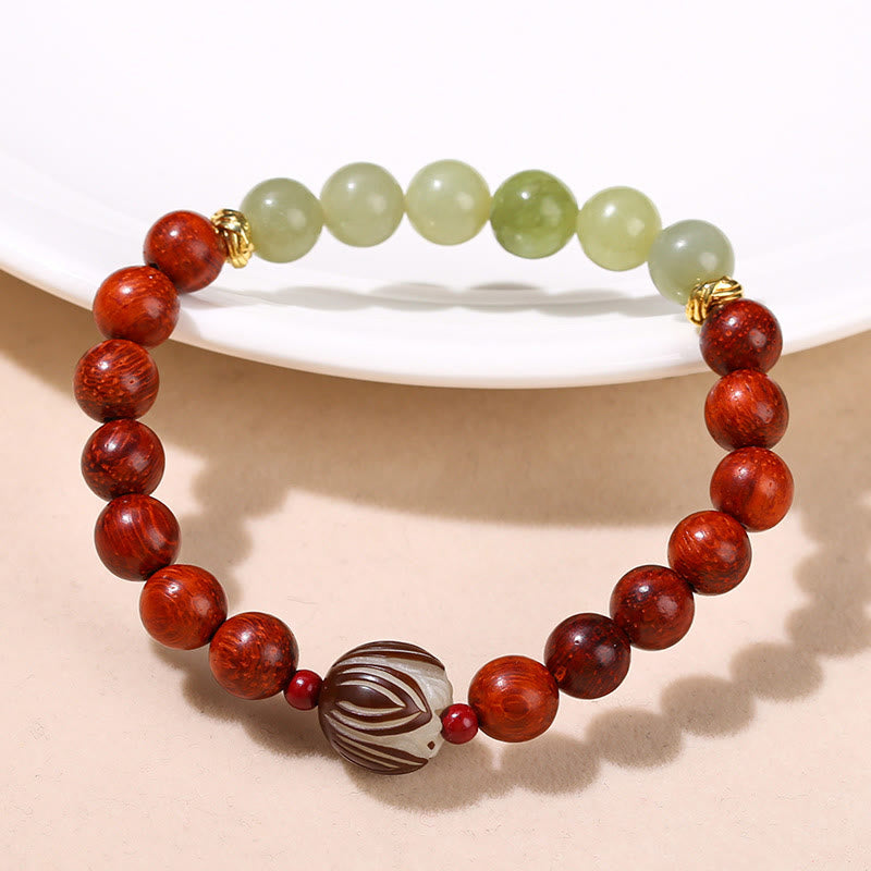 Rosewood Cyan Jade Bodhi Lotus Bracelet - rosewood and cyan jade on white ceramic dish, Warmth