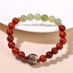 Rosewood Cyan Jade Bodhi Lotus Bracelet - rosewood and cyan jade on white ceramic dish, Warmth